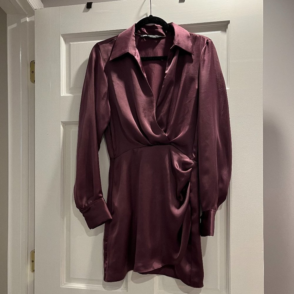Zara Brand New Satin Long Sleeve Dress Eggplant Size XS